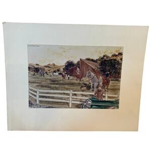 Vintage 1968 McDougall Horse Equestrian Park Print Artwork Art Mounted on Board